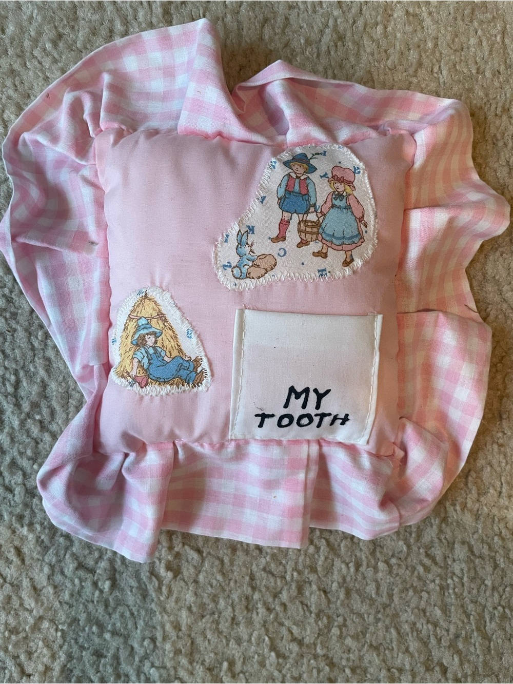 White and pink plaid tooth fairy pillow